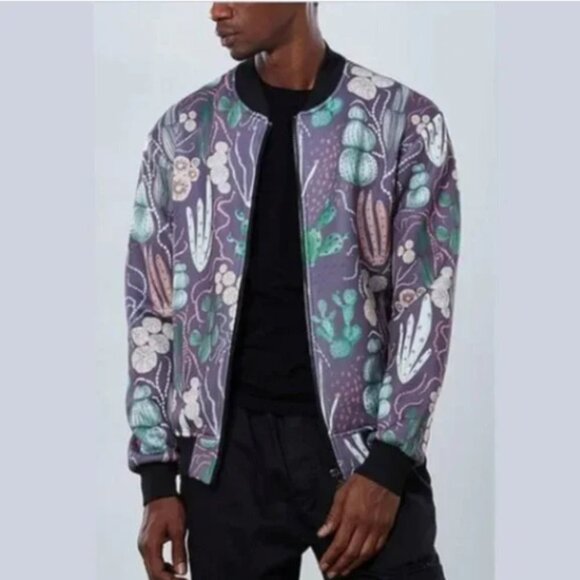 Dear Deer Men's Cactus Hand Printed Bomber Jacket - L - Picture 1 of 6